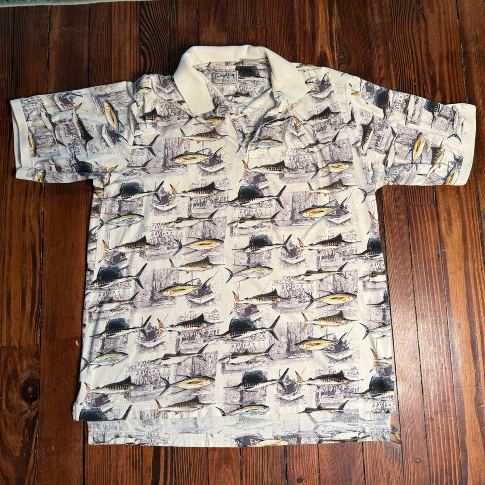 Bimini Bay Outfitters LTD Men's XL Polo Shirt Fish Sailboat Print White Cotton